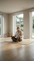 Senior Caucasian man practicing meditation in lotus position on yoga mat in bright modern living room with large windows and natural light.