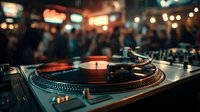 Professional DJ turntable with vinyl record spinning at nightclub party with blurred crowd and colorful bokeh lights creating atmospheric music entertainment scene.