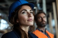 Confident female construction engineer in blue hard hat looking up at building site while male colleague in orange safety vest stands behind her.