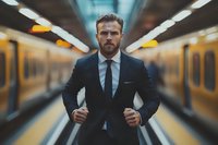 Professional businessman in dark suit running through modern subway station with motion blur background for corporate fitness and urban lifestyle concepts.