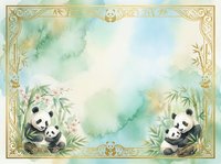 Watercolor panda bears with bamboo leaves in ornate golden frame on soft green background for nursery decor and greeting cards.