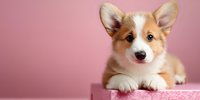 Adorable Welsh Corgi puppy with tan and white fur lying on pink platform against matching pink background, perfect for pet care marketing.