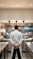 Professional chef in white uniform standing in modern commercial kitchen with copper cookware and stainless steel equipment for culinary business.