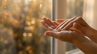 Open cupped hands reaching upward in warm golden sunlight with soft bokeh background creating peaceful spiritual atmosphere for meditation and prayer.