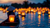 Asian woman in traditional conical hat paddling wooden boat at dusk among glowing paper lanterns floating on water, creating magical atmosphere during traditional festival.