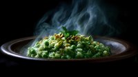 Steaming hot green rice pilaf with herbs and nuts served on rustic ceramic plate against dark background, dramatic food photography with rising smoke.