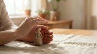 Protective hands cupping small wooden figurine on soft bedding in warm sunlit bedroom interior with natural lighting and cozy atmosphere.