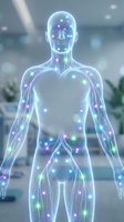 Holographic human figure with glowing neural network nodes and energy pathways throughout body, representing digital health, artificial intelligence in medicine, and futuristic healthcare technology concepts.