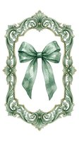 Watercolor green bow with ornate vintage frame isolated on white background for holiday decorations and gift wrapping designs.