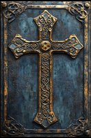 Ornate golden Celtic cross with intricate knotwork design on aged blue-green metal background. Decorative corner elements frame religious medieval artwork.