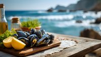 Fresh mussels on wooden board with lemon and herbs against stunning coastal backdrop, showcasing gourmet seafood dining experience by the ocean.