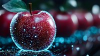 Glowing red apple with magical sparkles and bokeh effects against dark background, creating mystical atmosphere with turquoise highlights and ethereal lighting.