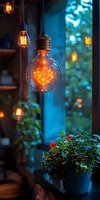 Glowing vintage Edison bulb with decorative filament hanging against blurred blue evening background with potted red flowers, creating cozy atmosphere.