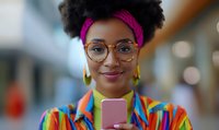 Young African American woman with natural afro hairstyle, pink headband, and glasses holding smartphone, wearing colorful striped shirt, expressing joy and confidence.