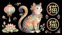 Decorative cat with floral patterns, Chinese lantern, lotus flower, and kanji symbols, isolated on transparent background. Great for stickers, T-shirts, print on demand.