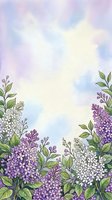 Watercolor lilac flowers with green foliage border on soft pastel sky background, isolated design element for greeting cards, invitations, and spring-themed projects.