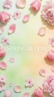 Pink spring flowers and petals scattered on pastel gradient background with Spring Bloom text for seasonal marketing and feminine design projects.