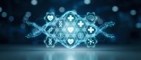 Digital healthcare network with glowing medical icons and hexagonal interface elements on dark blue technology background for modern medicine concepts.