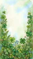 Watercolor green clover and wildflower border frame with soft pastel sky, perfect for St. Patrick's Day cards and spring designs.