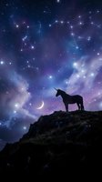 Mystical unicorn silhouette standing on rocky cliff under starry night sky with constellation patterns and crescent moon for fantasy storytelling.