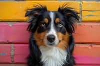 Portrait of attentive Australian Shepherd dog with tricolor coat against colorful wooden wall background, displaying characteristic alert expression and distinctive markings.