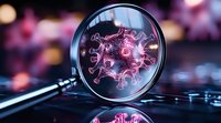 Magnifying glass revealing glowing pink coronavirus cell structure on dark reflective surface with bokeh background, scientific research concept.