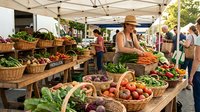 Farmers market vendor in straw hat selling fresh organic vegetables and fruits from wooden tables with wicker baskets under white tent canopy.