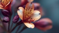 Delicate orange alstroemeria flower in bloom with purple buds against blurred teal background, showcasing intricate petal details and natural floral elegance.