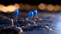 Blue light bulbs on glowing circuit paths against dark background with bokeh lights, representing innovation and technological connectivity in business concept.
