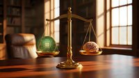 Golden brass scales of justice balancing computer chip and human brain on wooden desk in warm sunlit law office representing technology versus humanity.