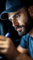 Middle Eastern man with beard wearing baseball cap looking at phone screen in dark, dramatic lighting creates moody atmosphere for technology and lifestyle content.