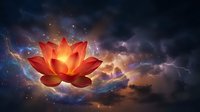 Glowing lotus flower floating in cosmic space with nebula clouds and stars creating mystical spiritual atmosphere for meditation and enlightenment concepts.