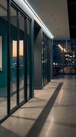Modern office corridor with glass walls and warm lighting creating shadows on polished concrete floor during evening hours for corporate interior design.