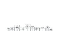 Minimalist line art illustration of wrapped gift boxes with bows and snowflakes arranged in a row on white background, isolated clipart for holiday designs and seasonal graphics.