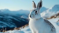 White mountain hare in snowy winter landscape against blue mountain peaks, alert pose with perked ears showing natural camouflage and survival adaptation.