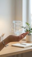 Female hand holding glowing holographic certificate of achievement icon above wooden desk with office supplies and plants, representing digital recognition and professional accomplishment.