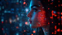 Profile silhouette illuminated by futuristic red and blue lights against digital matrix background with glowing particles and data streams for technology concept.