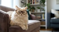 Fluffy orange tabby cat wearing eyeglasses sitting on brown leather sofa in modern living room interior with bookshelves and plants in background.