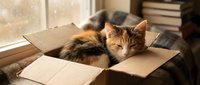 Adorable calico kitten sleeping peacefully in cardboard box by sunny window. Cozy domestic scene with warm natural lighting for pet care and home concepts.