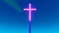 Glowing neon cross with pink and purple illumination against deep blue sky background, spiritual symbol radiating light in darkness, modern religious art concept.
