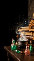 Magical alchemy laboratory with glowing potions, ancient books and mystical sparkling effects on dark background for fantasy storytelling and gaming concepts.