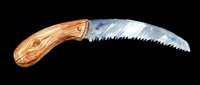 Watercolor folding pruning saw with wooden handle, isolated on transparent background. Great for gardening clipart, stickers, t-shirt design, sublimation, and print on demand.