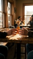 Elderly hands holding together over wooden table in warm sunlit cafe with coffee cup and flowers creating intimate moment of connection and comfort.