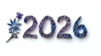 Decorative quilled paper numbers 2026 in purple and blue tones with floral elements and soft shadows on white background, ready for design use.