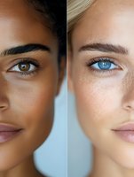 Split portrait showing contrasting skin tones and eye colors, highlighting natural beauty and diversity in close-up facial features against neutral background.