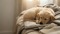 Golden retriever resting on cozy bedding near window with soft natural light, perfect for pet care, wellness, and lifestyle content.