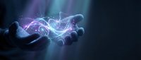 Glowing energy waves floating above open palms with purple and blue light effects creating magical atmosphere for technology and innovation concepts.