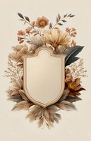 Elegant shield frame surrounded by dried flowers and foliage in neutral beige and brown tones, creating romantic vintage botanical composition on light background.