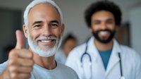 Senior patient showing thumbs up with confident medical professional in background at modern healthcare facility, expressing satisfaction with treatment.