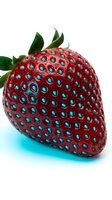 Fresh red strawberry with green leaves isolated on white background with turquoise shadow, suitable for food packaging, recipe blogs, and healthy eating designs.